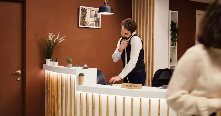 Hotel front desk administrator assisting a guest